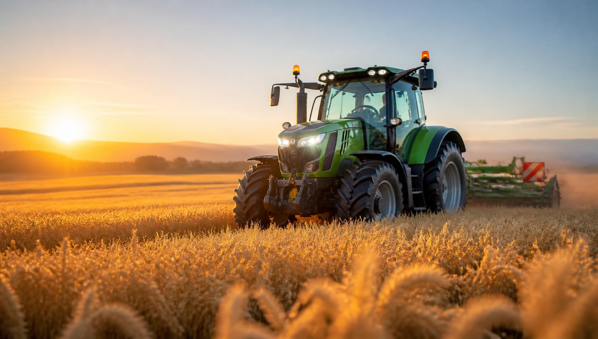 Tracteur moderne au travail dans un champ au lever du soleil